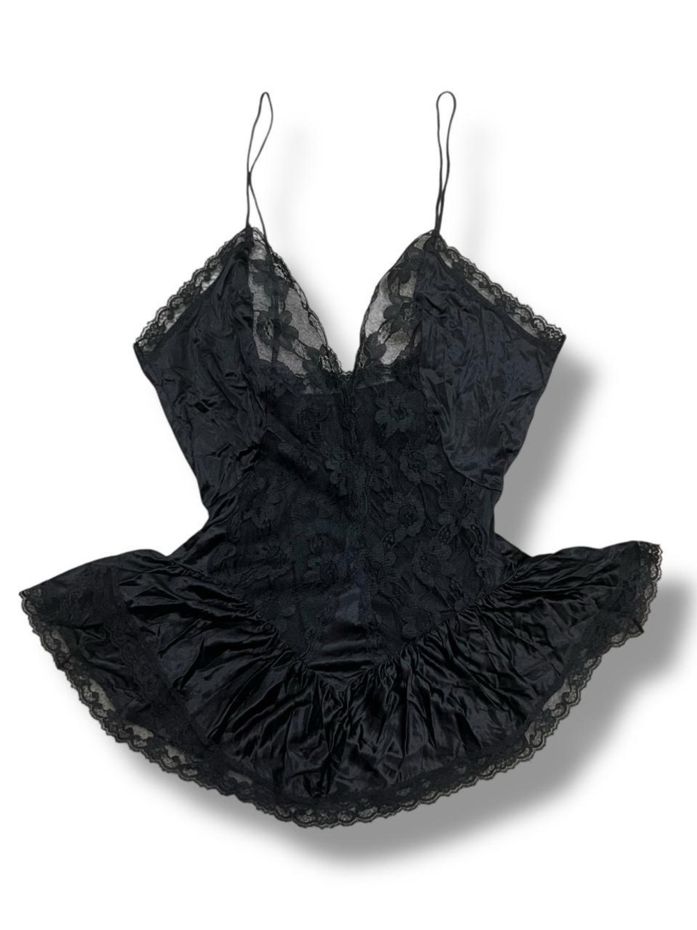 Vintage 80s-90s black lace trim lingerie top with ruffled hem